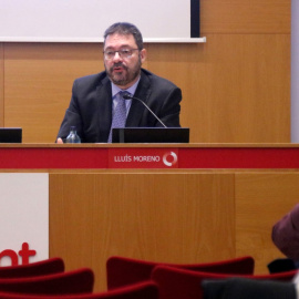 El president de la Cambra de Contractistes d'Obres de Catalunya (CCOC), Lluís Moreno, en la roda de premsa de Foment.