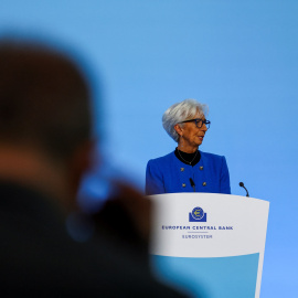 La presidenta del BCET, Christine Lagarde, durante la rueda de prensa tras la reunión del Consejo de Gobierno de la entidad, en su sede en Fráncfort.