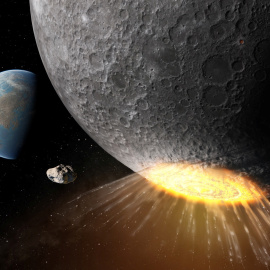 Una ilustración que representa el impacto de un asteroide cerca del polo sur de la Luna hace unos 3.800 millones de años y formó dos grandes cráteres.