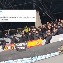 Grupo de ultras del Betis en el Estadio de Balaídos, del Celta de Vigo.