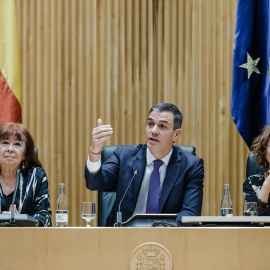 Cristina Narbona, Pedro Sánchez y María Jesús Montero, durante la reunión interparlamentaria del Grupo Socialista, en el Congreso de los Diputados, a 11 de febrero de 2025.