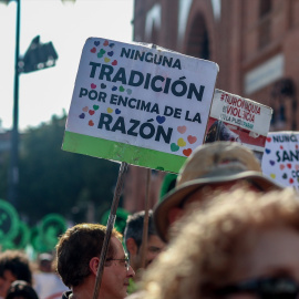 Manifestación anual 'Misión Abolición' de PACMA frente a la plaza de toros de Las Ventas, celebrada el 21 de septiembre de 2024, en Madrid, y centrada en esa ocasión en apoyar la Iniciativa Legislativa Popular (ILP) 'No es mi cultura'.