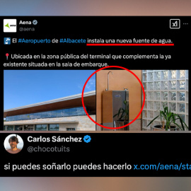 Captura del tuit de AENA, ya eliminado, sobre la fuente de agua del Aeropuerto de Albacete.