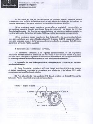 Instrucción 5/2012 dictada el 11 de julio por el director general de la Función Pública de Castilla-La Mancha, Juan Manuel de la Fuente.
