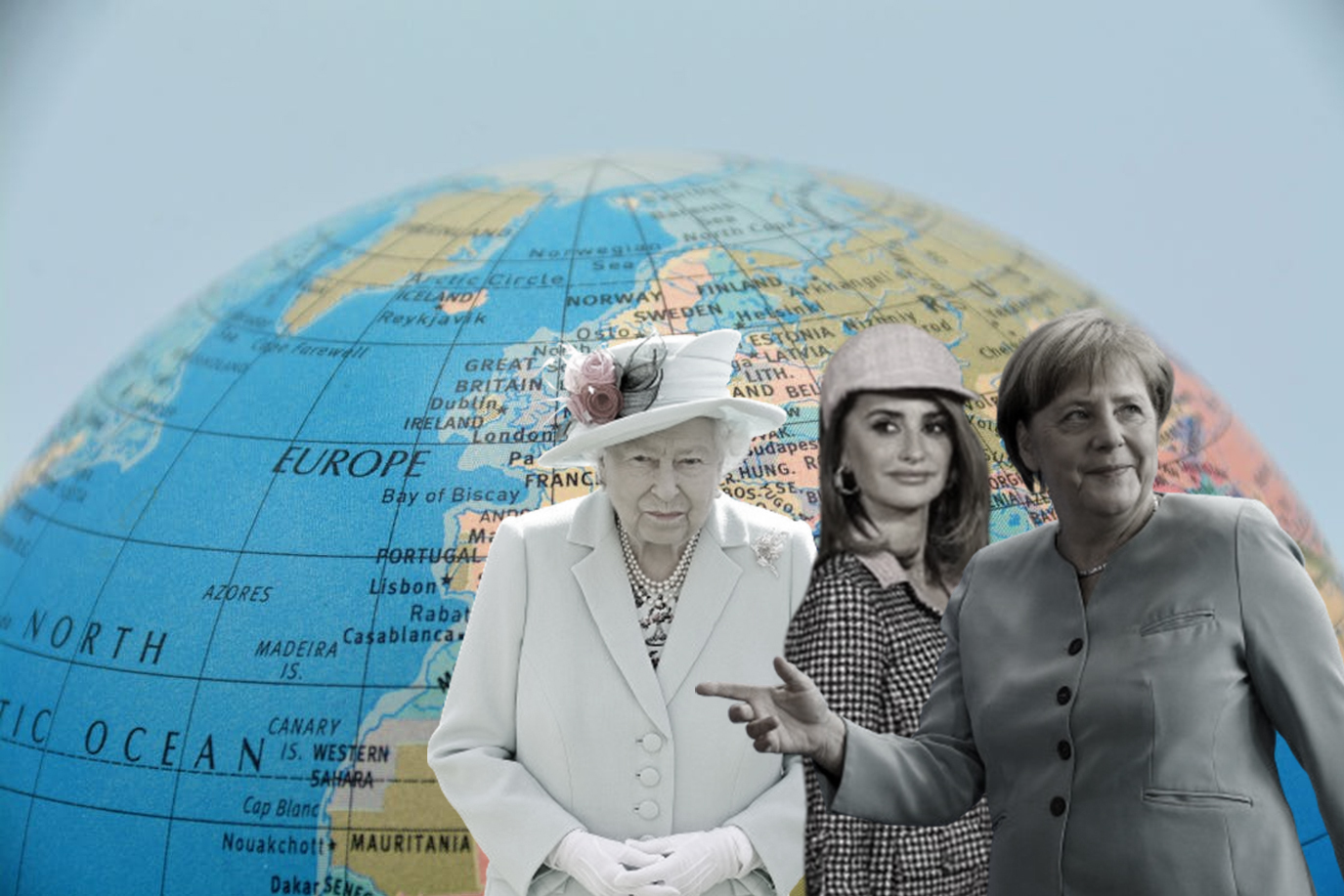 08/03/2024 Isabel II, Penélope Cruz y Angela Merkel sobre la imagen de un globo terráqueo.