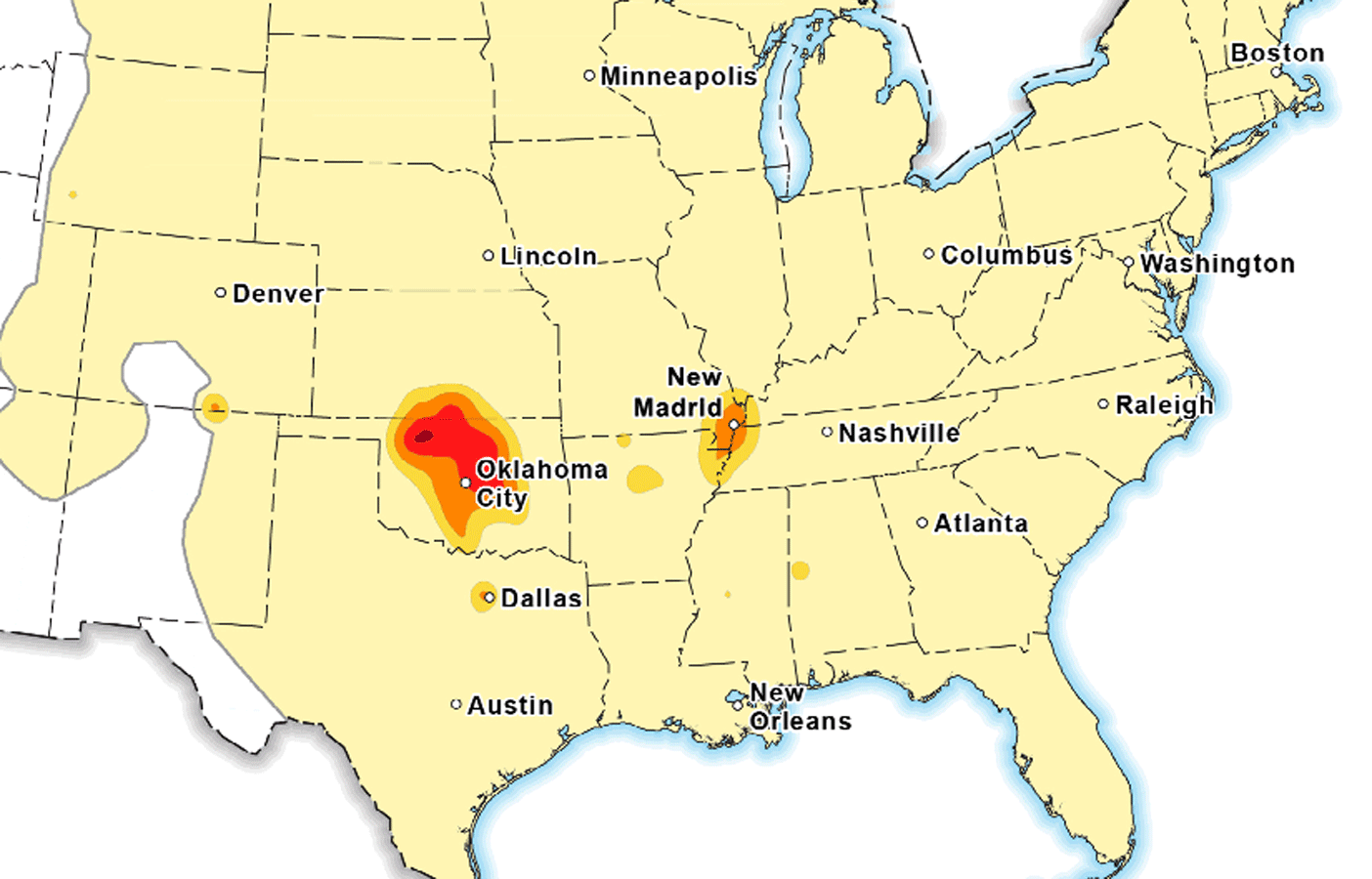 Mapa de riesgo sísmico total de la zona central y este de EE UU. La falla de Nuevo Madrid representa riesgo natural y la zona de Oklahoma es la que presenta mayor riesgo inducido.- USGS