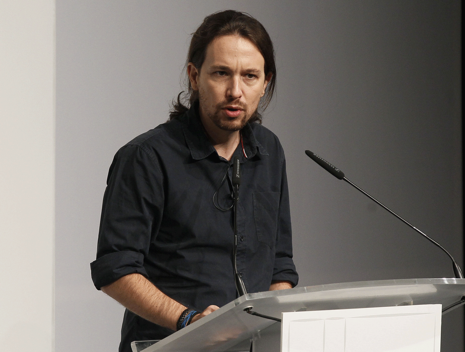 Pablo Iglesias, durante su intervención en el foro informativo organizado por el diario El Mundo, hoy en Madrid. EFE/Paco Campos