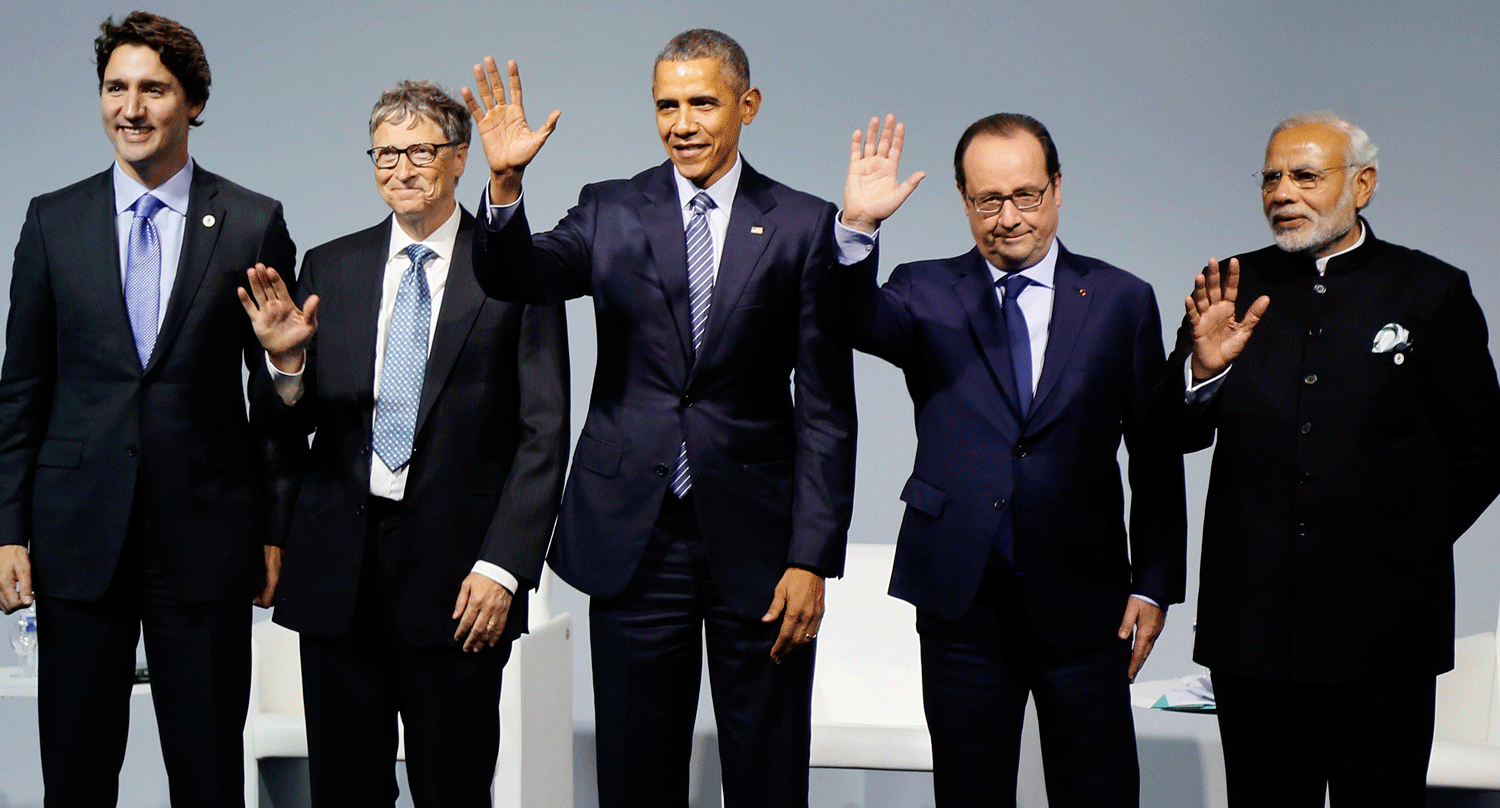 El primer ministro canadiense Justin Trudeau, el presidente de Microsoft, Bill Gates, el presidente de EEUU, Barack Obama, el presidente de Francia, Francois Hollande y el presidente de India, Narendra Modi, en la apertura de la cumbre del 