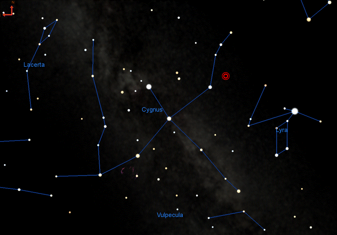 El círculo rojo indica la situación de la nueva estrella en el extremo de la Cruz del Norte, en la constelación del Cisne / CALVIN COLLEGE