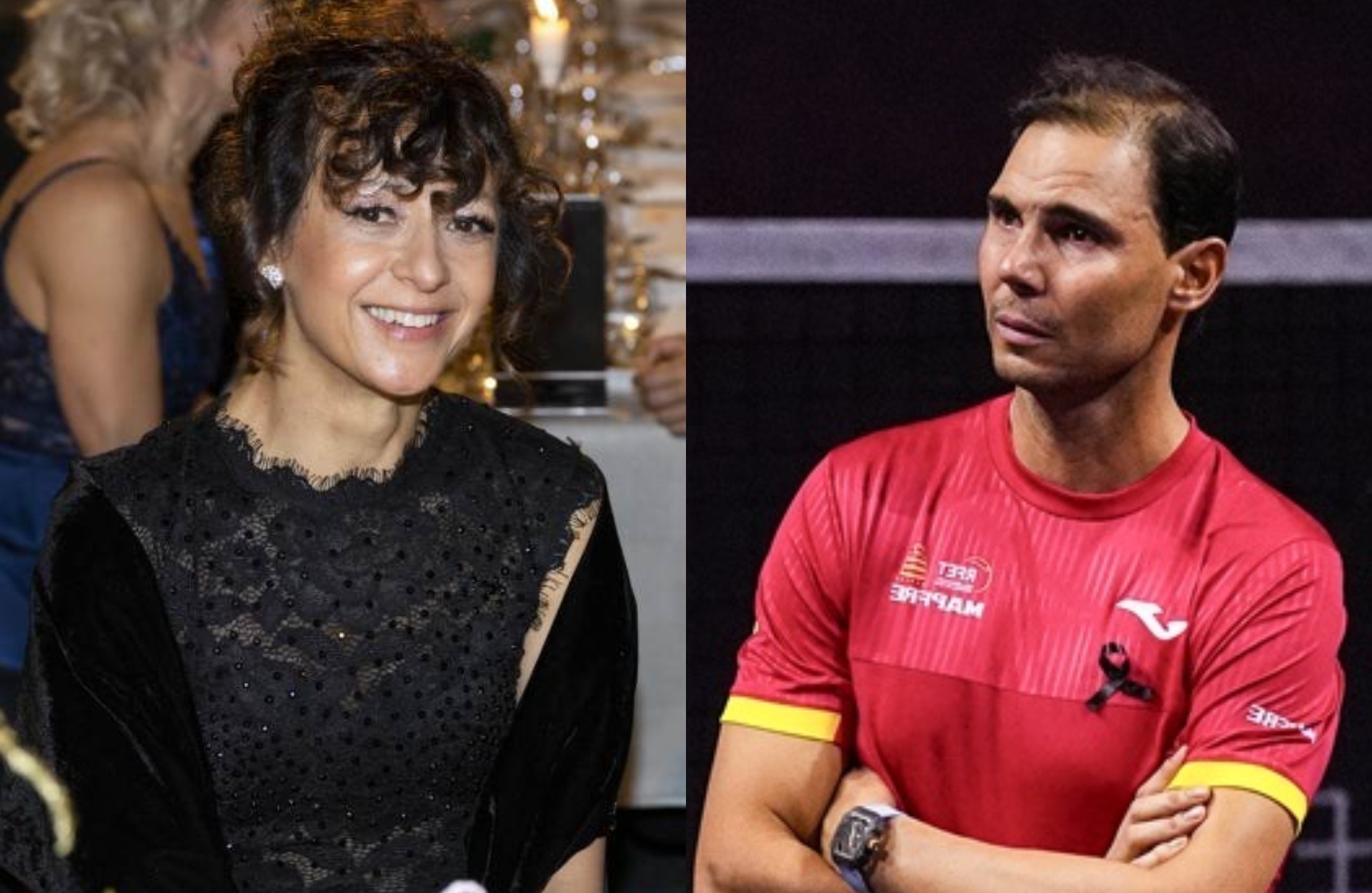 Emanuelle Charpentier (izquierda), durante la ceremonia de los Premios Nobel 2022, y Rafael Nadal (derecha), en la Copa Davis 2024.